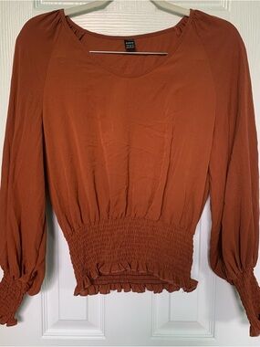Rust Smocked-Waist Long Sleeve Crop Top